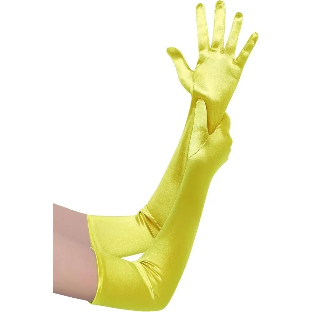 Women's Yellow Vintage Satin Long Gloves Party Costume Stretchy Elbow Length